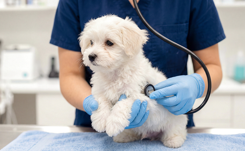 動物病院で聴診器を当てられる犬